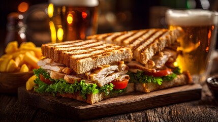 Grilled poultry sandwich with fresh vegetables and a side of fried potato sticks served with frothy beverages in dimly lit setting