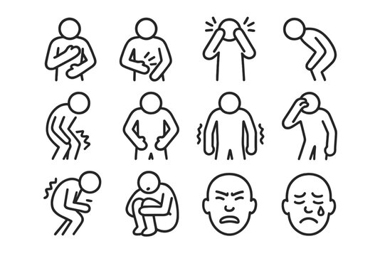 Pain Gesture Icons. Pain gestures. Line icon set of Pain gestures: clutching chest, grabbing stomach, holding head, bent-over posture, bent knees, clenched