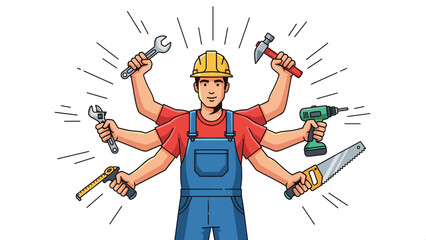 Versatile handyman character with multiple arms holding various work tools.