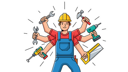 A skilled handyman with multiple arms holding various tools, ready for any repair job.