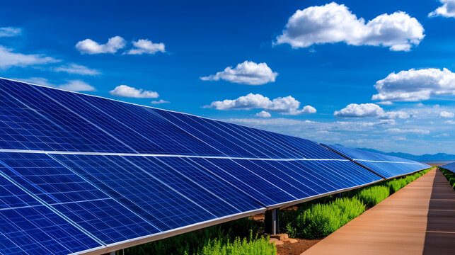 Solar Panels Under Sunny Sky with Vibrant Blue and Green Palette

