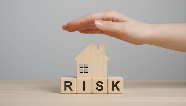 A hand protecting a wooden house model placed on blocks spelling "RISK", symbolizing home insurance and property safety.