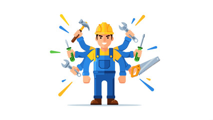 Cartoon handyman with tools and multiple arms.