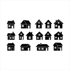 Set of diverse black house icons representing homes and property