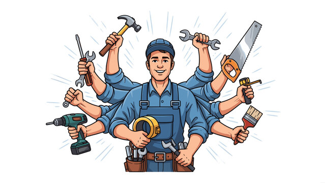 A smiling handyman with multiple arms holding various tools, representing versatility and skill.