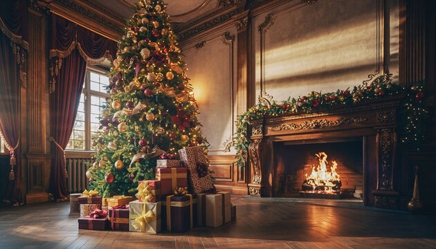 Elegant Christmas setting with a decorated tree, gifts, and fireplace in a luxurious room. Festive mood, perfect for holiday greetings, home decor, and seasonal advertising.