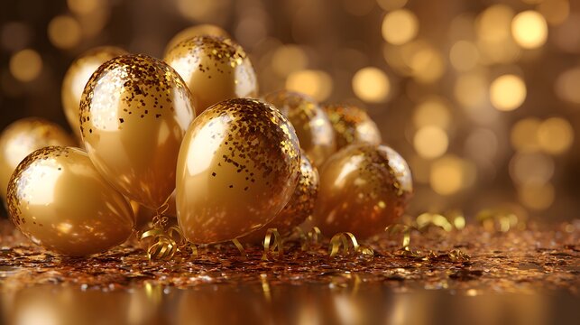 Group of shimmering golden balloons rests on a surface covered with metallic confetti