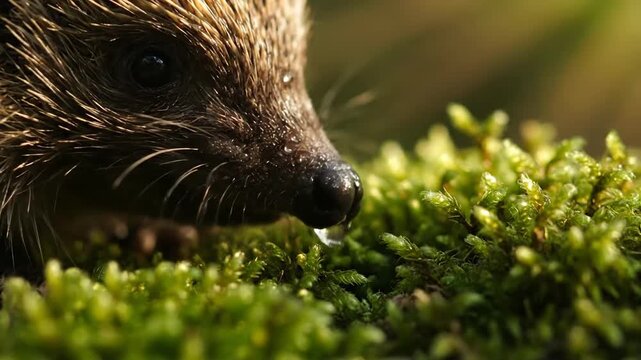 Close-up of hedgehog foraging in vibrant green moss