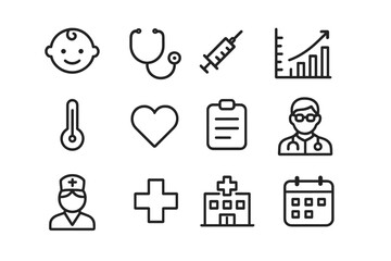 Obraz premium Child Health Icon Set. Child?s health record booklet. Line icon set of child?s health record booklet: baby, stethoscope, vaccination syringe, growth chart,