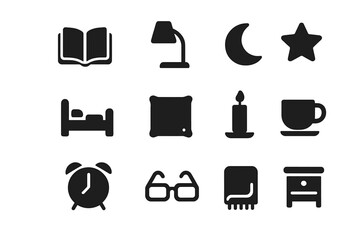 Bedtime Reading Icons. Bedtime reading. Solid icon set of bedtime reading: book, lamp, moon, star, bed, pillow, candle, cup, clock, glasses, blanket,