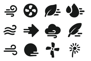 Air Flow Icons. Air flow. Solid icon set of air flow: swirl, fan, leaf, droplet, wave, arrow, cloud, feather, breeze line, circle, windmill, dandelion. Filled