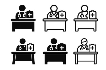 Medical Logo Designs. Doctor working at a hospital desk. Icon set. Set Logo of doctor working at a hospital desk: desk with medical chart. harmonious logo