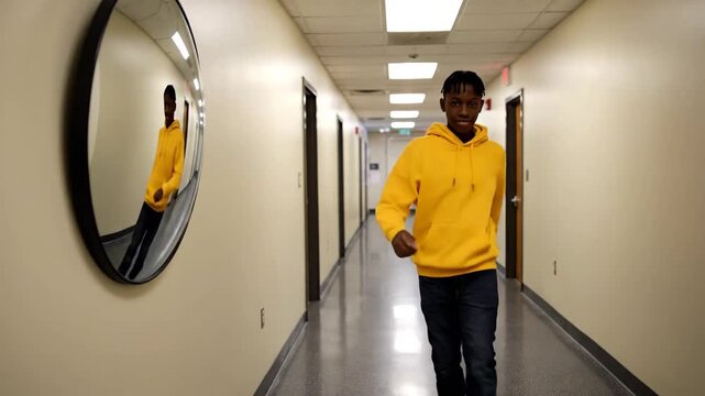 Person walks down long, bright hallway. Convex mirror on wall.