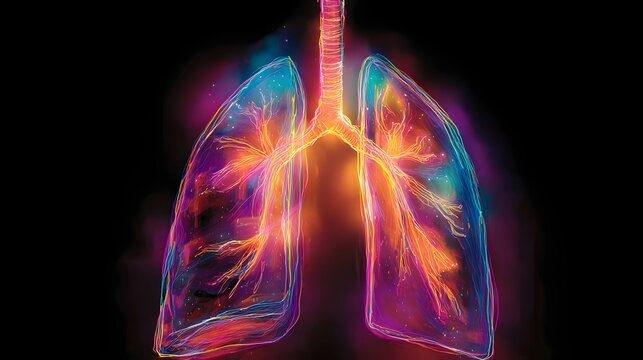 Illuminated human respiratory system organs depicted against a dark backdrop