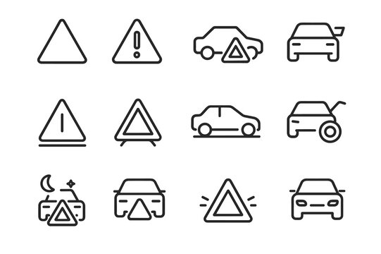 Emergency Icons Grid. Emergency triangle. Line icon set of emergency triangle: roadside triangle, hazard symbol, triangle with exclamation mark, car with