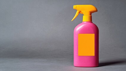 Spray Bottle Still Life: A vibrant pink spray bottle with a bright yellow nozzle and blank label, poised on a muted gray surface, symbolizing cleanliness and homecare.