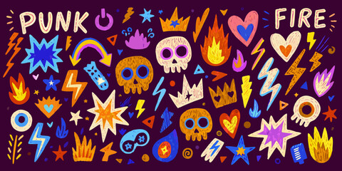 Colorful punk rock themed doodles featuring skulls hearts and electric bolts