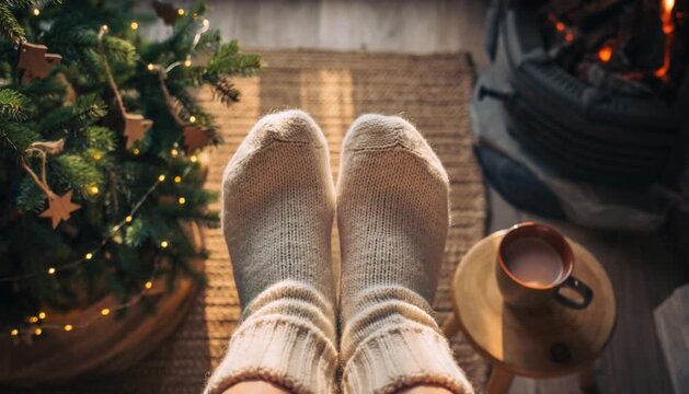 Top view of feet in cozy wool socks resting near a fireplace with a decorated potted Christmas tree in the background, sustainable winter living and slow life concept, no people face visible.
