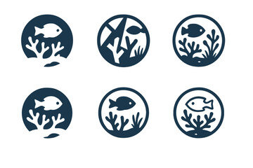 Coral Reef Logos. Coral reefs and marine life ecosystems. Icon set. Set Logo of coral reefs: coral reef ecosystem scene. harmonious logo variations of the same