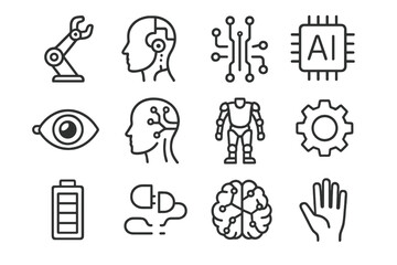 Fototapeta premium Cybernetic Icon Set. Cybernetics. Line icon set of cybernetics: robotic arm, human head, circuit pattern, AI chip, mechanical eye, neural link, exoskeleton,