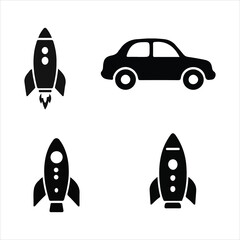 Transportation and space vector icons: automobile and rockets set