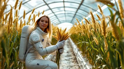 caucasian astronaut agronomist harvesting wheat in greenhouse - Powered by Adobe