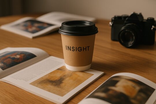 Paper coffee cup with INSIGHT text on open art book pages, camera on wooden desk, creative research and inspiration workspace.