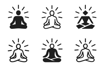 Meditative Energy Emblems. person in meditation with energy flow. Icon set. Set Logo of person in meditation with energy flow: radiant lines surrounding seated