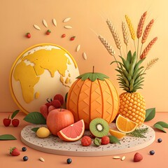 Vibrant world of fresh fruits and grains for healthy eating promotion, global harvest concept, showcasing earth's bounty with pineapple, apple, kiwi, strawberry