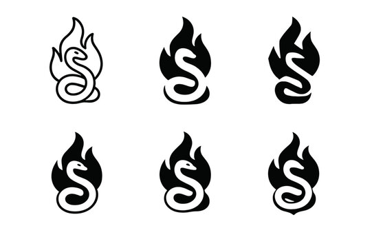 Medea Emblem Variations. Medea. Icon set. Set Logo of Medea: fire and serpent motif. harmonious logo variations of the same emblematic concept, each with