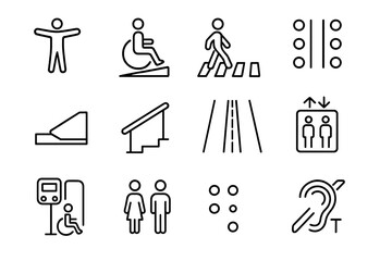 Universal Urban Accessibility Icons. Universal urban access. Line icon set of Universal urban access: universal access symbol, wheelchair ramp, pedestrian