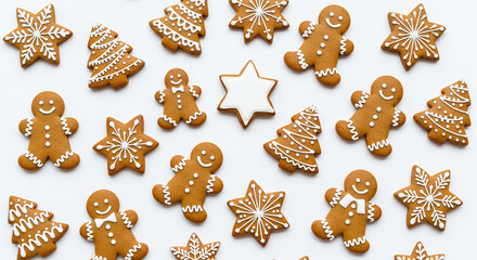  Overhead shot of a pattern of traditional Christmas cookies (e.g., gingerbread men, stars, trees, decorated with white icing) neatly arranged on a pristine white surface. The arrangement is clean 