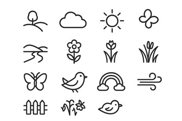 Obraz premium Spring Icon Set. Spring Gardens. Line icon set of Spring Gardens: flower, tree, sun, cloud, grass, butterfly, bird, river, hill, rainbow, fence, wind. All