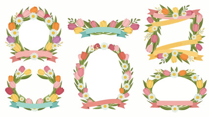 Collection of decorative floral wreaths and banners for spring and Easter celebrations