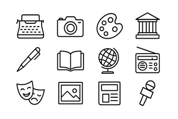 Press and Culture Icons. Press and culture. Line icon set of press and culture: typewriter, camera, palette, museum icon, pen, book, globe, radio, theater