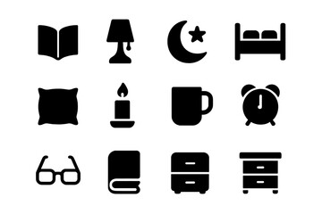 Bedtime Reading Icons. Bedtime reading. Solid icon set of bedtime reading: book, lamp, moon, star, bed, pillow, candle, cup, clock, glasses, blanket,