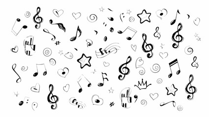Hand drawn music notes hearts stars and swirls seamless pattern