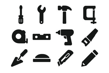 Fototapeta premium Kitchen Tool Icons. Kitchen tools. Solid icon set of Kitchen tools: screwdriver, wrench, hammer, clamp, tape measure, level, drill, saw, trowel, sanding block,