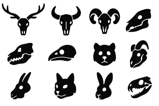 Animal Skull Icons. Animal skulls. Solid icon set of animal skulls: deer skull, bull skull, ram skull, horse skull, wolf skull, bird skull, cat skull, bear