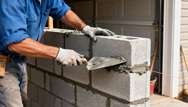 Medium shot of a skilled worker applying fresh mortar between cinder blocks to reinforce a garage walls stability and durability. - Powered by Adobe