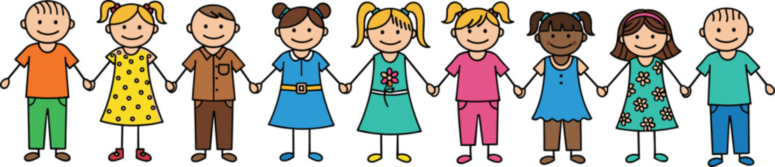 iverse group of smiling cartoon kids holding hands, children standing together in a line, multi-ethnic friends representing friendship
