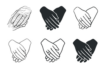 Wrinkled Hands Logos. Wrinkled Hands and Wedding Ring. Icon set. Set Logo of Wrinkled Hands and Wedding Ring: two hands touching gently. harmonious logo