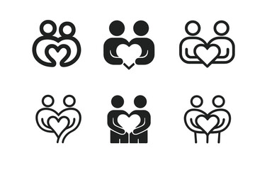 Supportive Friends Icons. Supporting friends through tough times. Icon set. Set Logo of supporting friends through tough times: heart connection. harmonious