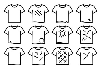Casual T-shirt Icons. Casual Old T-shirt. Line icon set of Casual Old T-shirt: t-shirt, faded fabric, frayed collar, small tear, loose threads, patched area,