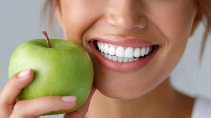 Close-up smiling woman holding green apple showing healthy bright teeth with joyful emotion. Concept of wellness visuals, healthy lifestyle promotion, and dental care advertising.