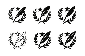 Fototapeta premium Poetic Logo Variations. Poetic expression. Icon set. Set Logo of poetic expression: laurel wreath encircling a quill and star. harmonious logo variations of