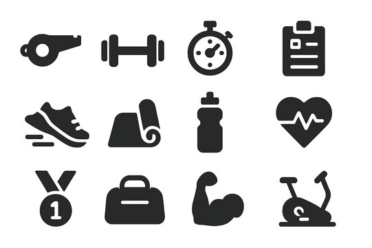 Fitness Icons Collection. Fitness coach. Solid icon set of fitness coach: whistle, dumbbell, stopwatch, clipboard, running shoe, yoga mat, water bottle, heart - Powered by Adobe