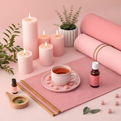 Elegant wellness scene with yoga mat, aromatherapy oil, tea, and candles for a mindful, relaxing, and balanced lifestyle in soft pink tones