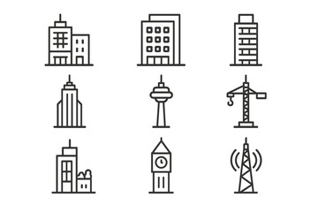 Fototapeta premium Mixed-Use High-Rise Icons. Mixed-use high-rise. Line icon set of Mixed-use high-rise: mixed-use tower, office building, residential tower,