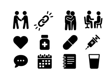 Fototapeta premium Recovery Icon Set. Addiction recovery process. Solid icon set of Addiction recovery process: person holding hand, broken chain, supportive hug, counseling
